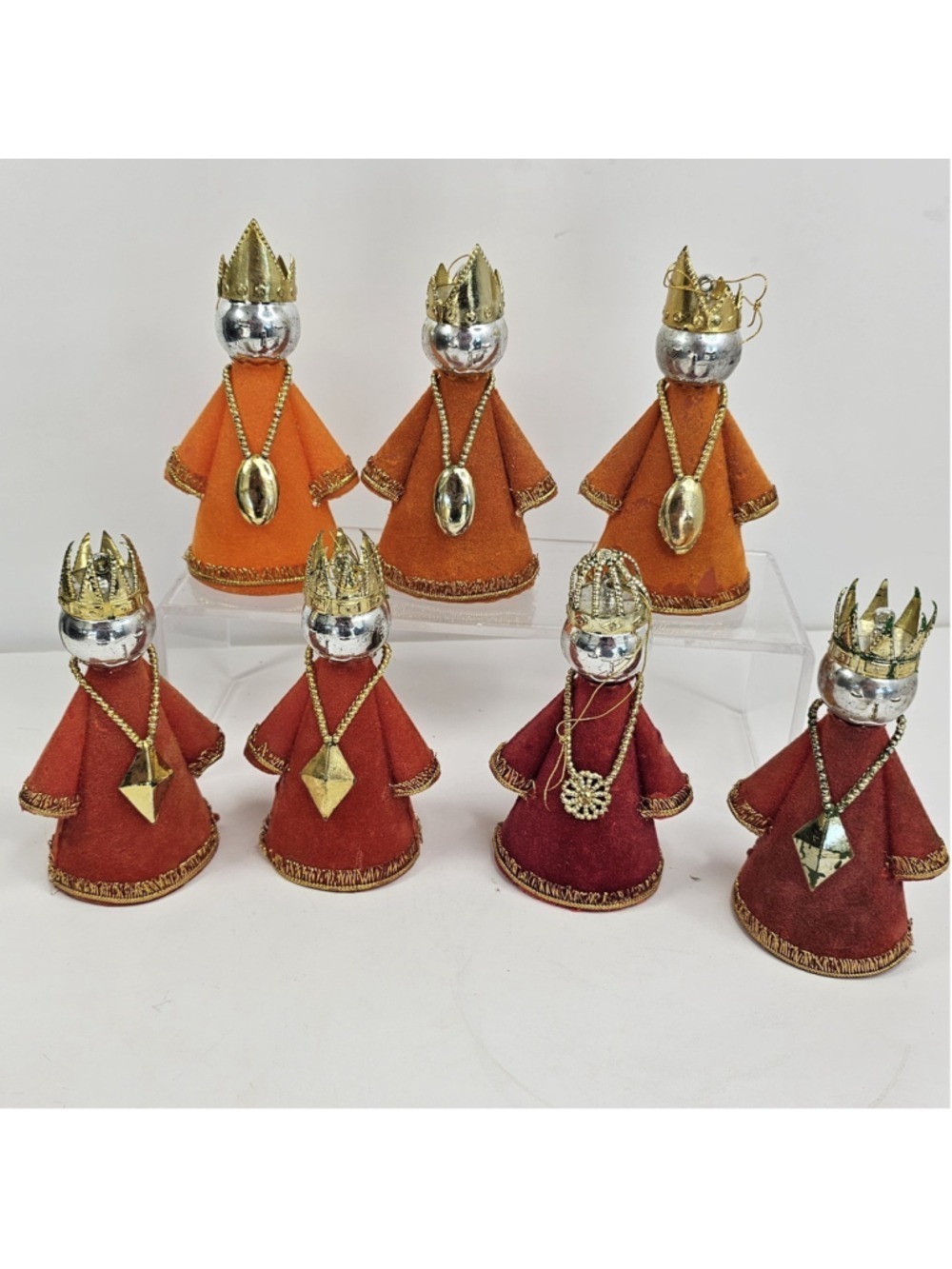 Vintage Christmas King Queen Ornaments Lot 7 Royal Felt Gold Crown 4.5" Flocked